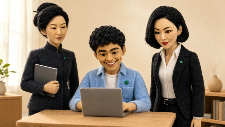 Felt agents Mira, Sami and Aiko working together at a laptop.