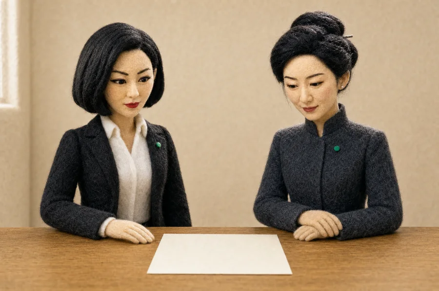 Aiko and Mira, felt figures, reviewing a document together.