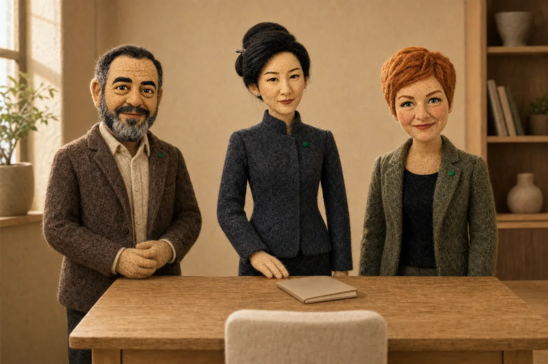 Felt agents Mira, Farid and Elin at a table, with a chair ready for you.